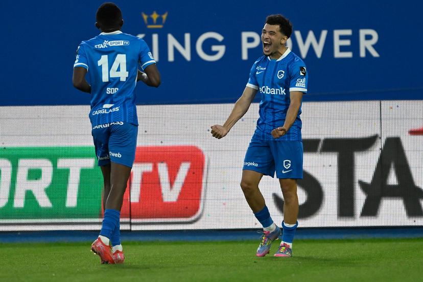 Genk's Zakaria El Ouahdi celebrates after scoring during a soccer match between Oud-Heverlee Leuven and KRC Genk, Friday 15 August 2025 in Leuven, on day 4 of the 2025-2026 'Jupiler Pro League' first division of the Belgian championship. BELGA PHOTO JOHAN EYCKENS
