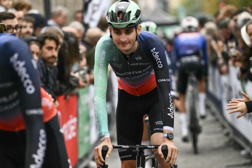 Decathlon CMA CGM Team's French rider Paul Seixas arrives ahead of the start of the 120th edition of the Giro di Lombardia (Tour of Lombardy), a 239km cycling race from Bergamo to Como, in Bergamo on October 10, 2026.  Marco BERTORELLO / AFP