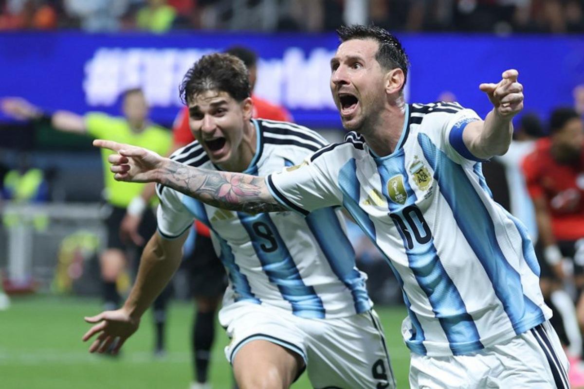 Argentina's forward #10 Lionel Messi celebrates scoring his team's second goal during the 2026 World Cup round of 16 football match between Argentina and Egypt at Atlanta Stadium in Atlanta on July 7, 2026.   Thomas COEX / AFP