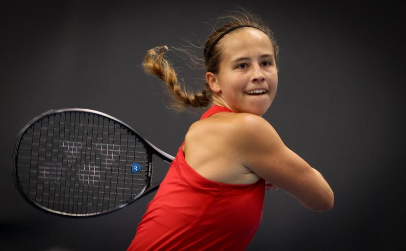 Belgian Hanne Vandewinkel pictured in action during a tennis match against Greek Grammatikopoulou, in the qualifiers of the Billie Jean King Cup tennis, in Vilnius, Lithuania on Tuesday 08 April 2025. PHOTO VIRGINIE LEFOUR