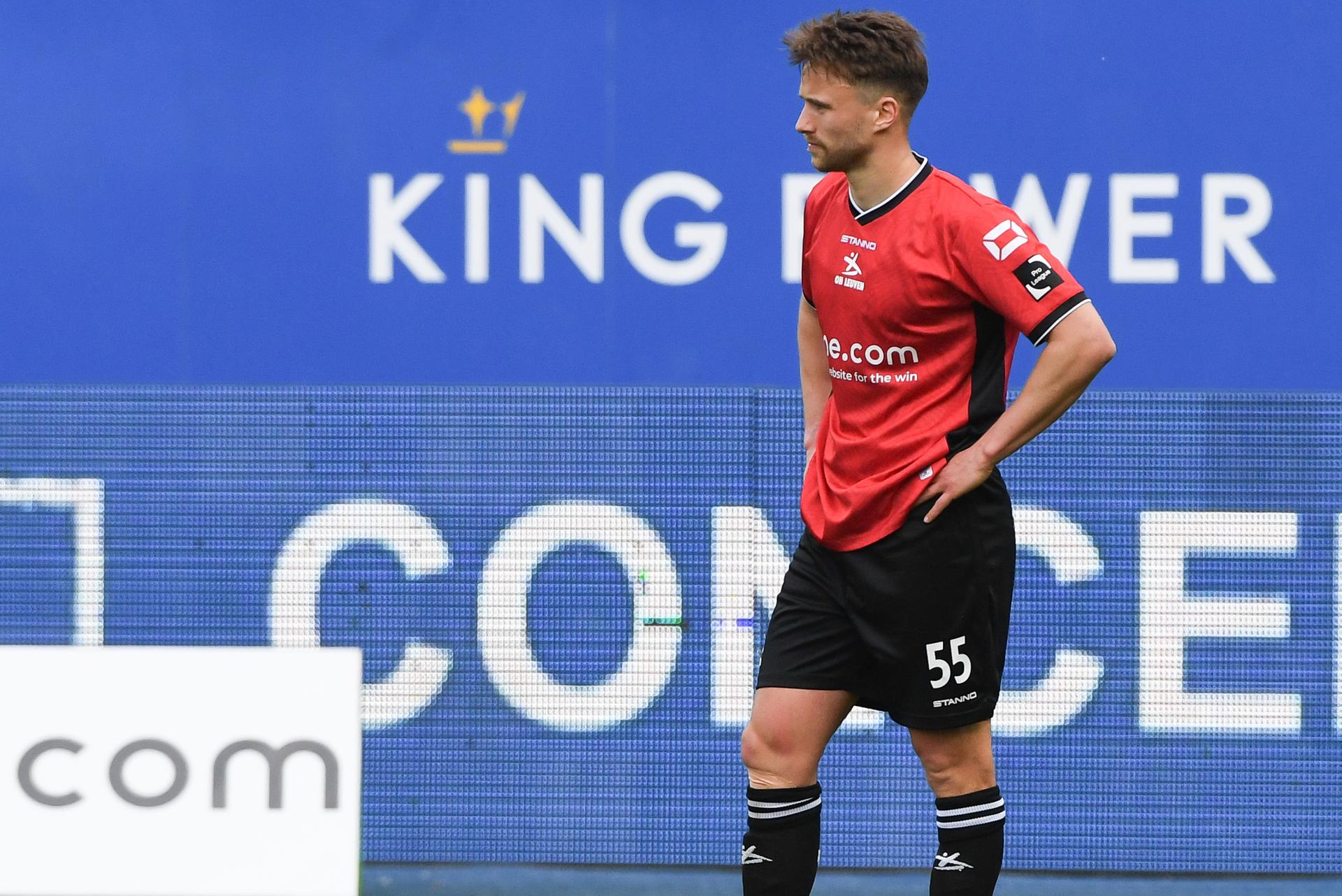 OHL's Wouter George looks dejected after a soccer match between Oud-Heverlee Leuven and FCV Dender EH, Saturday 19 April 2025 in Leuven, on day 4 (out of 10) of the Europe Play-offs of the 2024-2025 'Jupiler Pro League' first division of the Belgian championship. BELGA PHOTO JILL DELSAUX