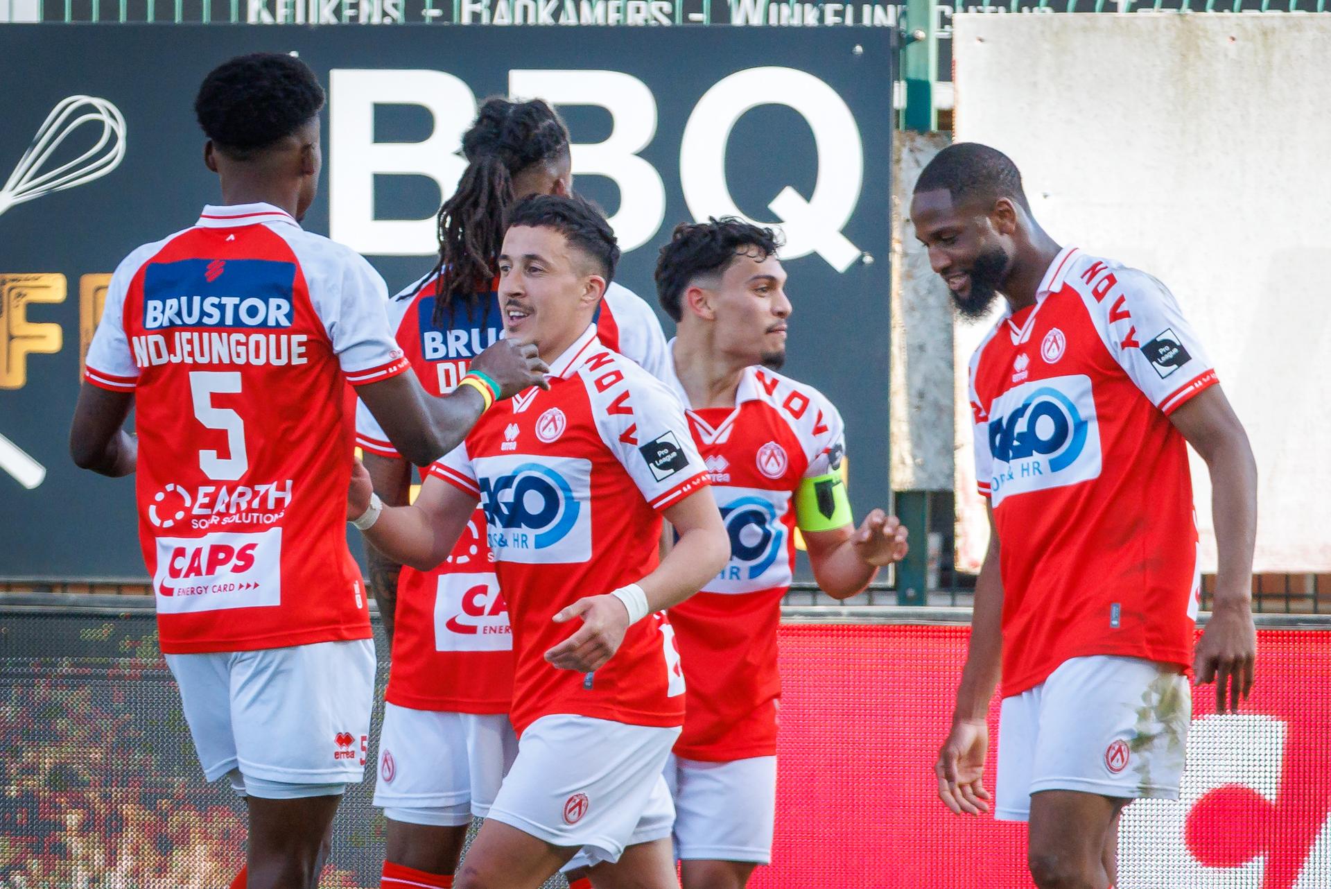 Kortrijk's Nayel Mehssatou celebrates after scoring during a soccer match between KV Kortrijk and Beerschot VA, Saturday 12 April 2025 in Kortrijk, on day 3 (out of 6) of the Relegation Play-offs of the 2024-2025 'Jupiler Pro League' first division of the Belgian championship. BELGA PHOTO KURT DESPLENTER