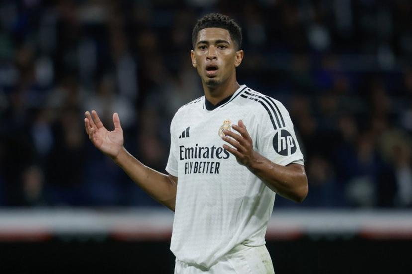 Real Madrid's English midfielder #05 Jude Bellingham reacts during the Spanish league football match between Real Madrid CF and RCD Mallorca at the Santiago Bernabeu Stadium in Madrid, on May 14, 2025.  Pierre-Philippe MARCOU / AFP