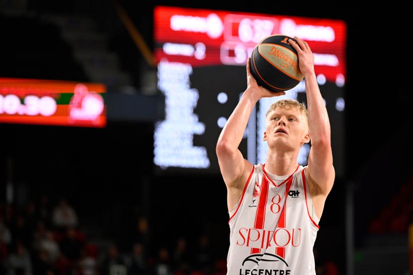 Spirou's Gustav Knudsen pictured during a basketball match between Spirou Charleroi and Limburg United, Tuesday 17 December 2024 in Charleroi, on day 16 of the 'BNXT League' Belgian and Dutch first division basket championships. BELGA PHOTO JOHN THYS