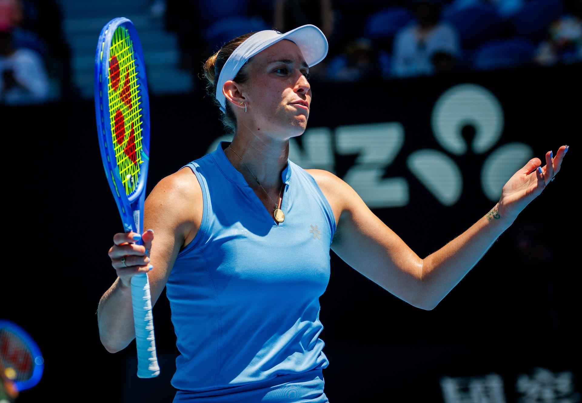 Belgian Elise Mertens pictured during a doubles tennis match between Belgian-Chinese pair Mertens-Zhang and Kazakh/Serbian pair Danilina/Krunic, in the final of the women doubles at the Australian Open, Melbourne Park, Melbourne on Saturday 31 January 2026. BELGA PHOTO PATRICK HAMILTON  --- BENELUX ONLY   ---