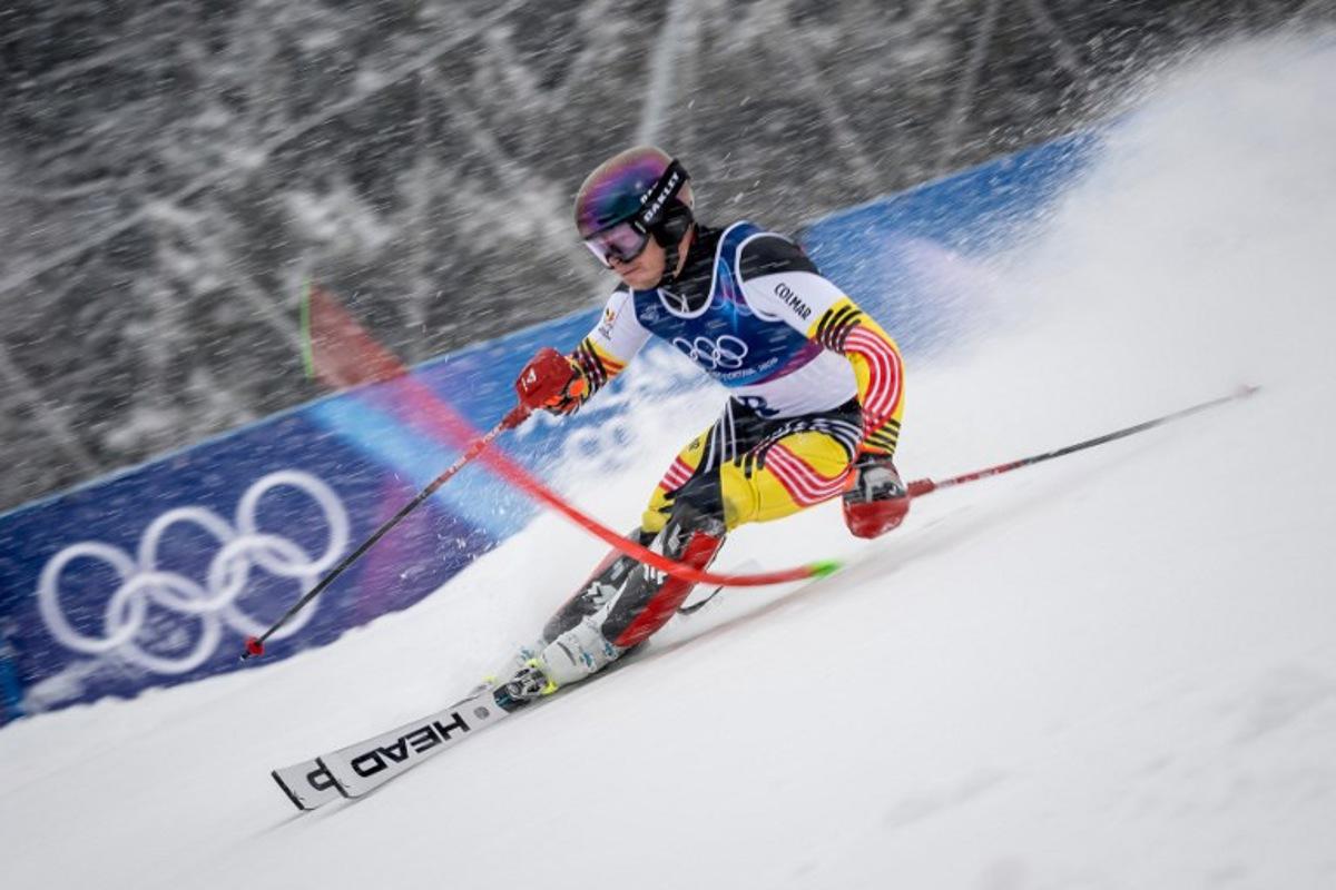 Belgium's Armand Marchant competes in the first run of the men's slalom alpine skiing event during the Milano Cortina 2026 Winter Olympic Games at the Stelvio Ski Centre in Bormio (Valtellina) on February 16, 2026.  Fabrice COFFRINI / AFP
