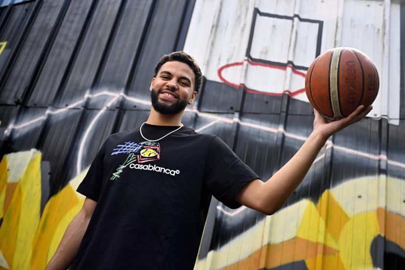 Ajay Mitchell poses for the photographer during a press conference regarding the NBA US basketball competition on Wednesday 30 July 2025 in Ans. Oklahoma City Thunder, featuring Belgian point guard Mitchell, won the league. BELGA PHOTO ERIC LALMAND
