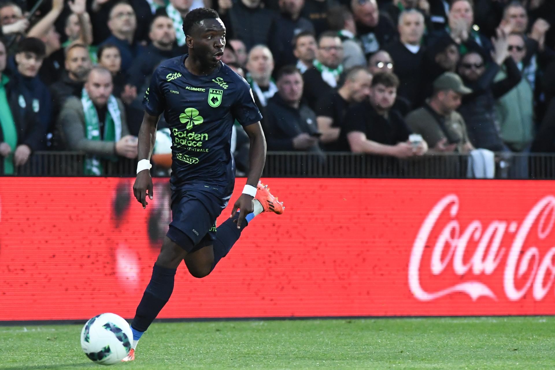 RAAL's Fadel Gobitaka pictured in action during a soccer game between Lommel SK and RAAL La Louviere, Friday 18 April 2025 in Lommel, on the 30th and last day of the 2024-2025 'Challenger Pro League' 1B second division of the Belgian championship. BELGA PHOTO JILL DELSAUX