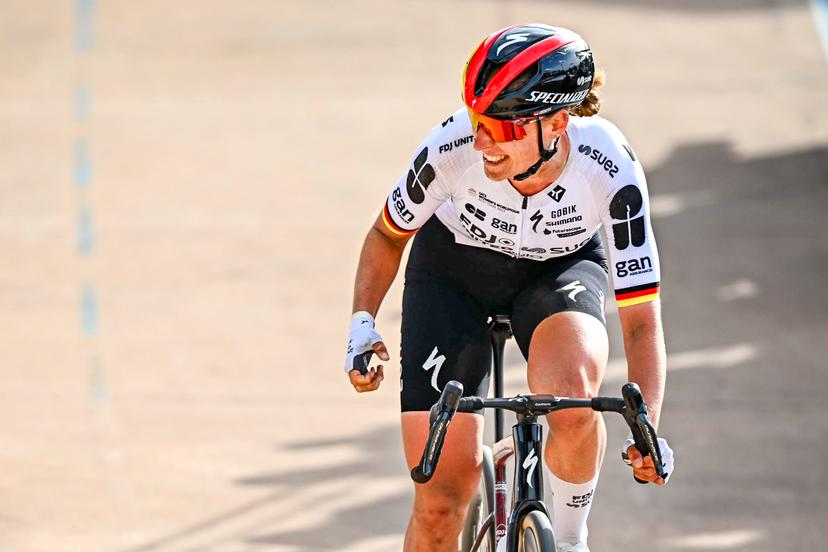 German Franziska Koch of FDJ United-SUEZ celebrates as she crosses the finish line to win the women's Paris-Roubaix cycling race, Sunday 12 April 2026, around Roubaix, France. The 123rd edition of Paris-Roubaix cycling races will take on Sunday, with the women riding 143,1 km the men riding 258,3 km on Sunday. BELGA PHOTO JASPER JACOBS