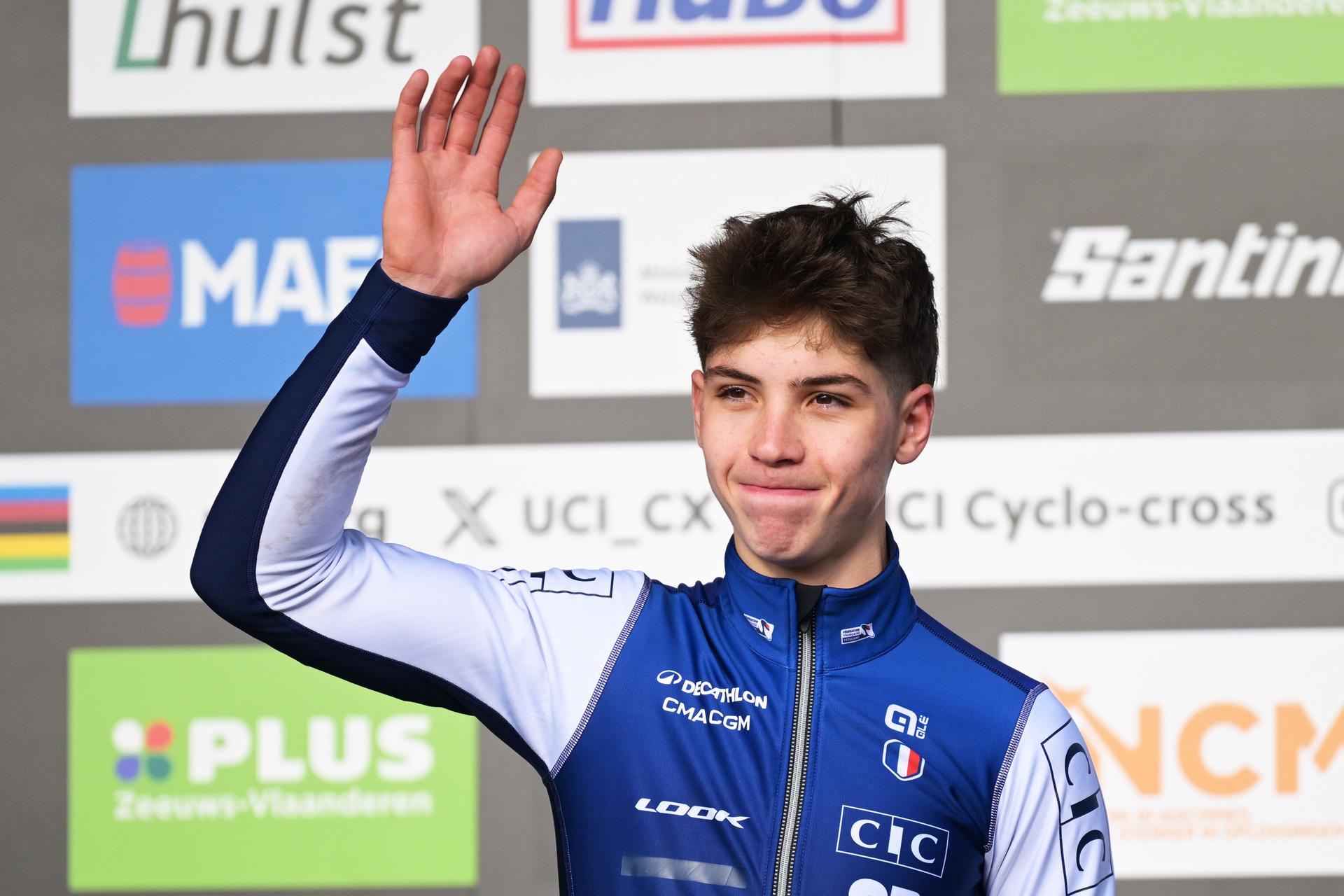 Silver medal winner French Aubin Sparfel celebrates on the podium after the U23 men race at the UCI Cyclocross World Championships, on Saturday 31 January 2026, in Hulst, The Netherlands. BELGA PHOTO DAVID PINTENS