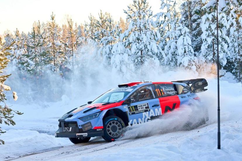 Belgian driver Thierry Neuville and co-driver Martijn Wydaeghe compete in their Hyundai i20 N Rally during Rally Sweden, the second round of the FIA World Rally Championship in Umea, Sweden, on February 13, 2026.    Peo MOLLER / TT News Agency / AFP