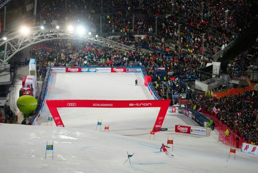 A general view shows the ski slope and the finish area as Switzerland's Marco Odermatt competes during the second run of the Men's Giant Slalom event of the FIS Alpine Skiing World Cup in Schladming, Austria, on January 23, 2024.  GEORG HOCHMUTH / APA / AFP