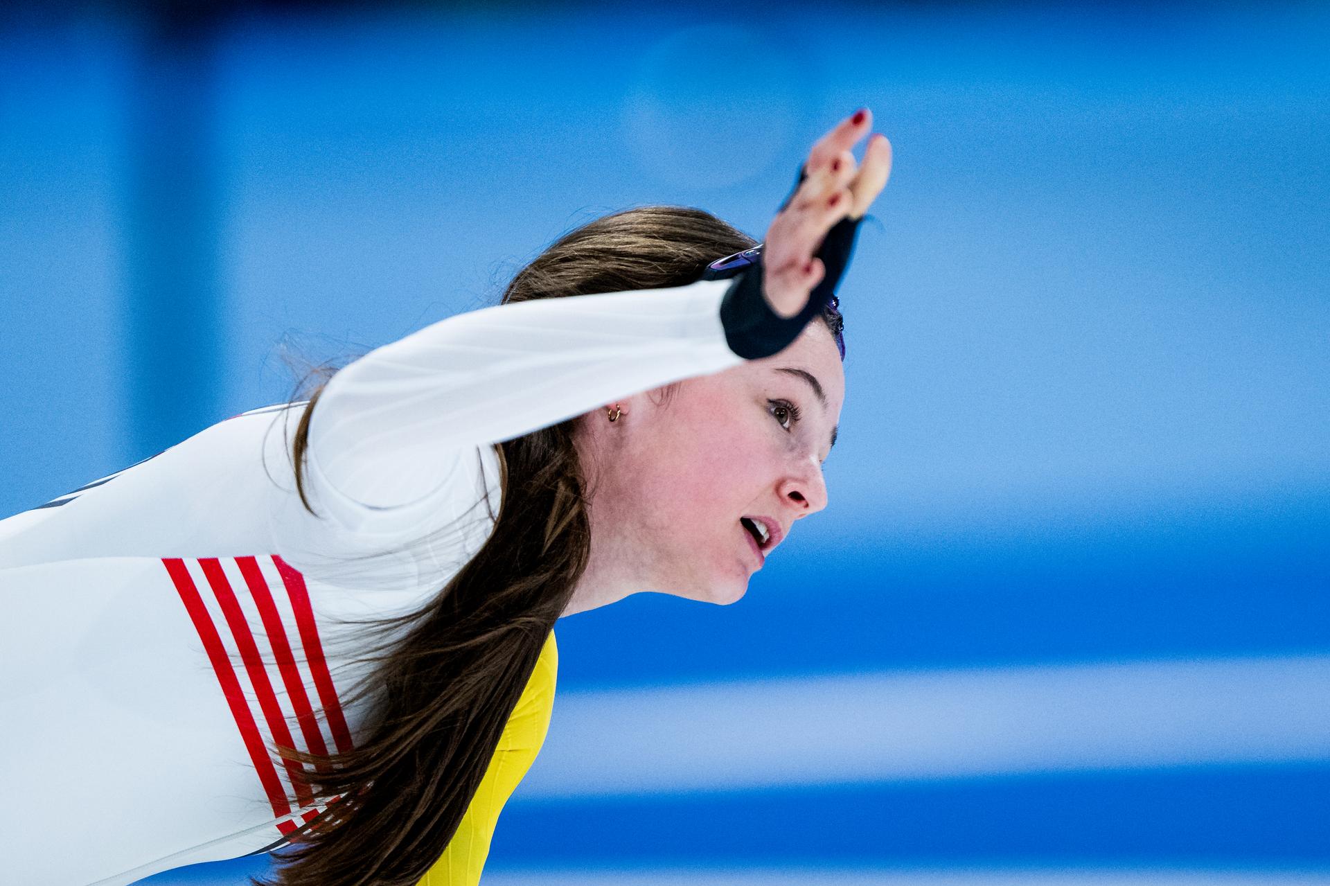 Belgian speed skater Fran Vanhoutte pictured in action during the Women's 1000m speed skating race at the Milano Cortina 2026 Olympic Winter Games, on Monday 09 February 2026 in Milan, Italy. The XXV Winter Olympics take place from 6 to 22 February 2026 in Italy. BELGA PHOTO JASPER JACOBS