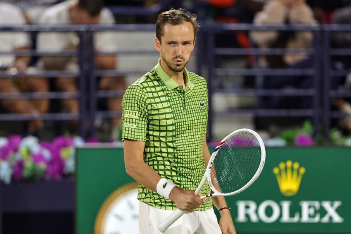 Russia's Daniil Medvedev reacts during his men's singles semi-final match against Canada's Felix Auger-Aliassime at the Dubai Duty Free Tennis tournament in Dubai on February 27, 2026.  Fadel SENNA / AFP