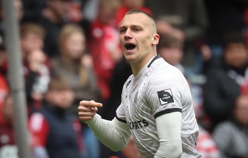 Charleroi's Nikola Stulic celebrates after scoring during a soccer match between Standard de Liege and Sporting Charleroi, Sunday 04 May 2025 in Liege, on day 7 (out of 10) of the Europe Play-offs of the 2024-2025 'Jupiler Pro League' first division of the Belgian championship. BELGA PHOTO VIRGINIE LEFOUR