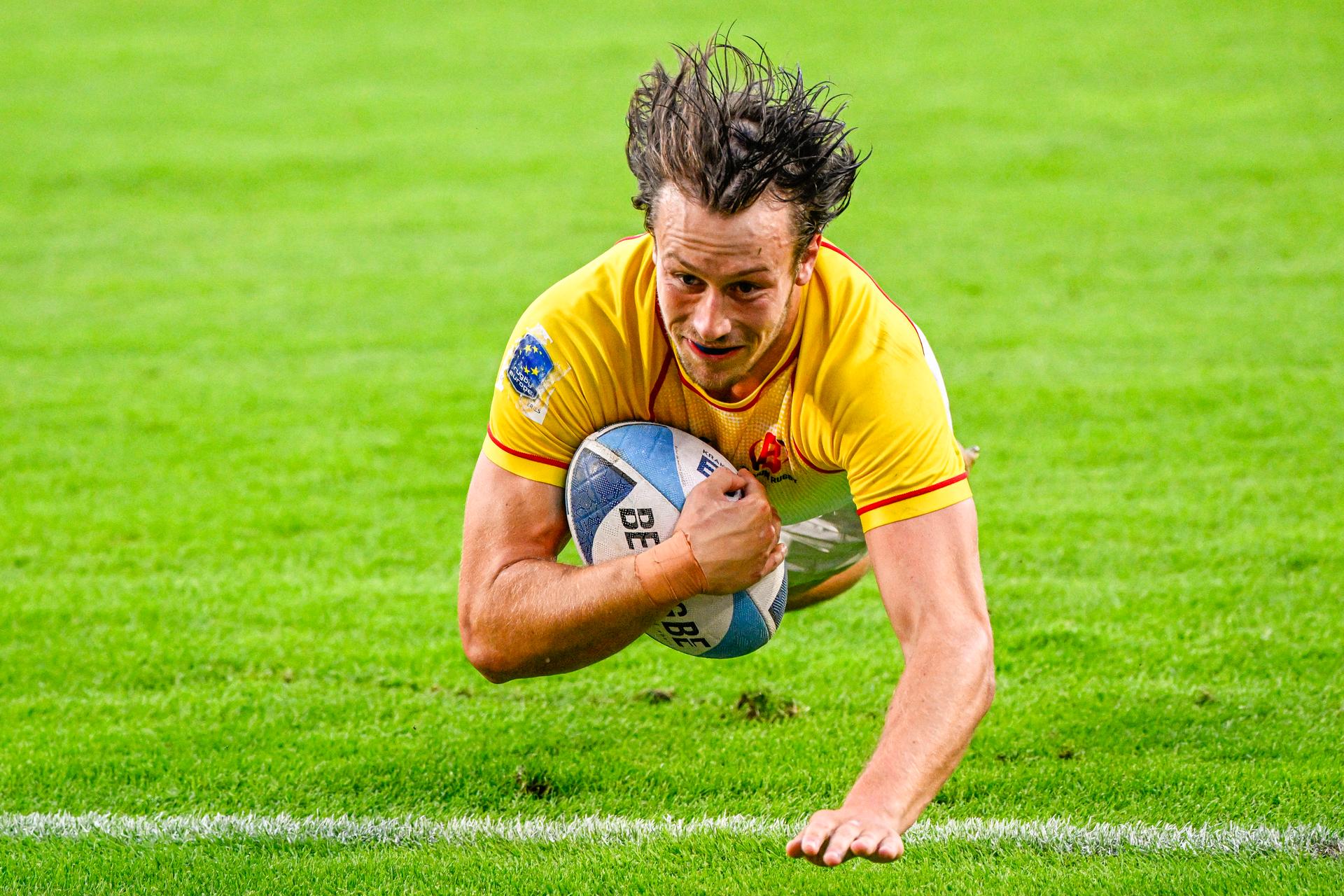 Belgium's Victor Andre pictured in action during a rugby match between Germany and Belgium, a placing 5th-6th game at the men's Rugby Sevens tournament, at the European Games in Krakow, Poland on Tuesday 27 June 2023. The 3rd European Games, informally known as Krakow-Malopolska 2023, is a scheduled international sporting event that will be held from 21 June to 02 July 2023 in Krakow and Malopolska, Poland. BELGA PHOTO LAURIE DIEFFEMBACQ