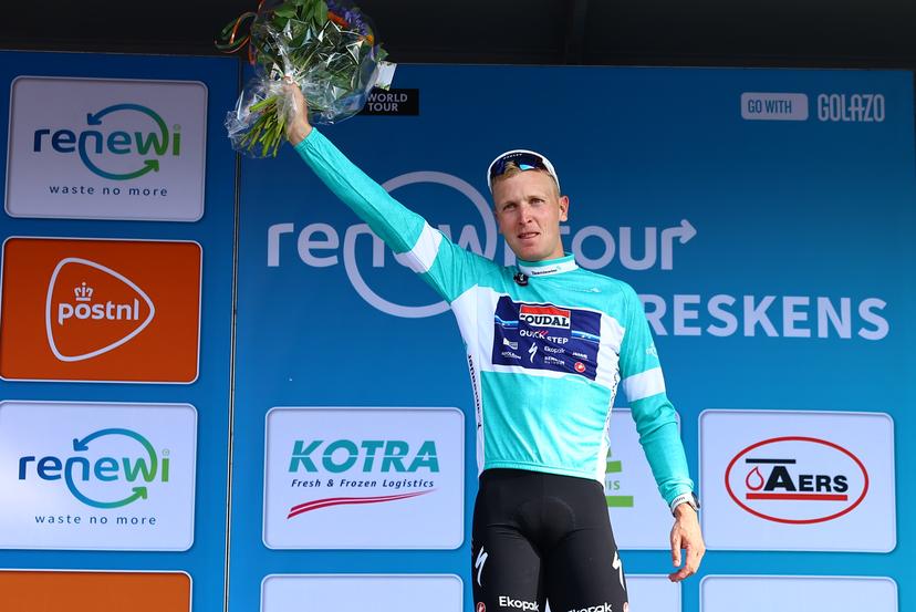 Belgian Tim Merlier of Soudal Quick-Step celebrates on the podium after winning the first stage of the 'Renewi Tour' multi-stage cycling race, from Terneuzen to Breskens, The Netherlands (182,7 km) on Wednesday 20 August 2025. The five-day race takes place in Belgium and the Netherlands.  BELGA PHOTO DAVID PINTENS