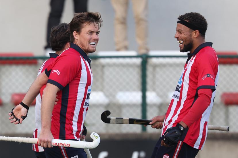 Leopold's Gaspard Baumgarten celebrates after scoring during a hockey game between Leopold and Gantoise, Sunday 25 October 2026 in Brussels, on day 7 of the Belgian first division hockey championship.  BELGA PHOTO VIRGINIE LEFOUR