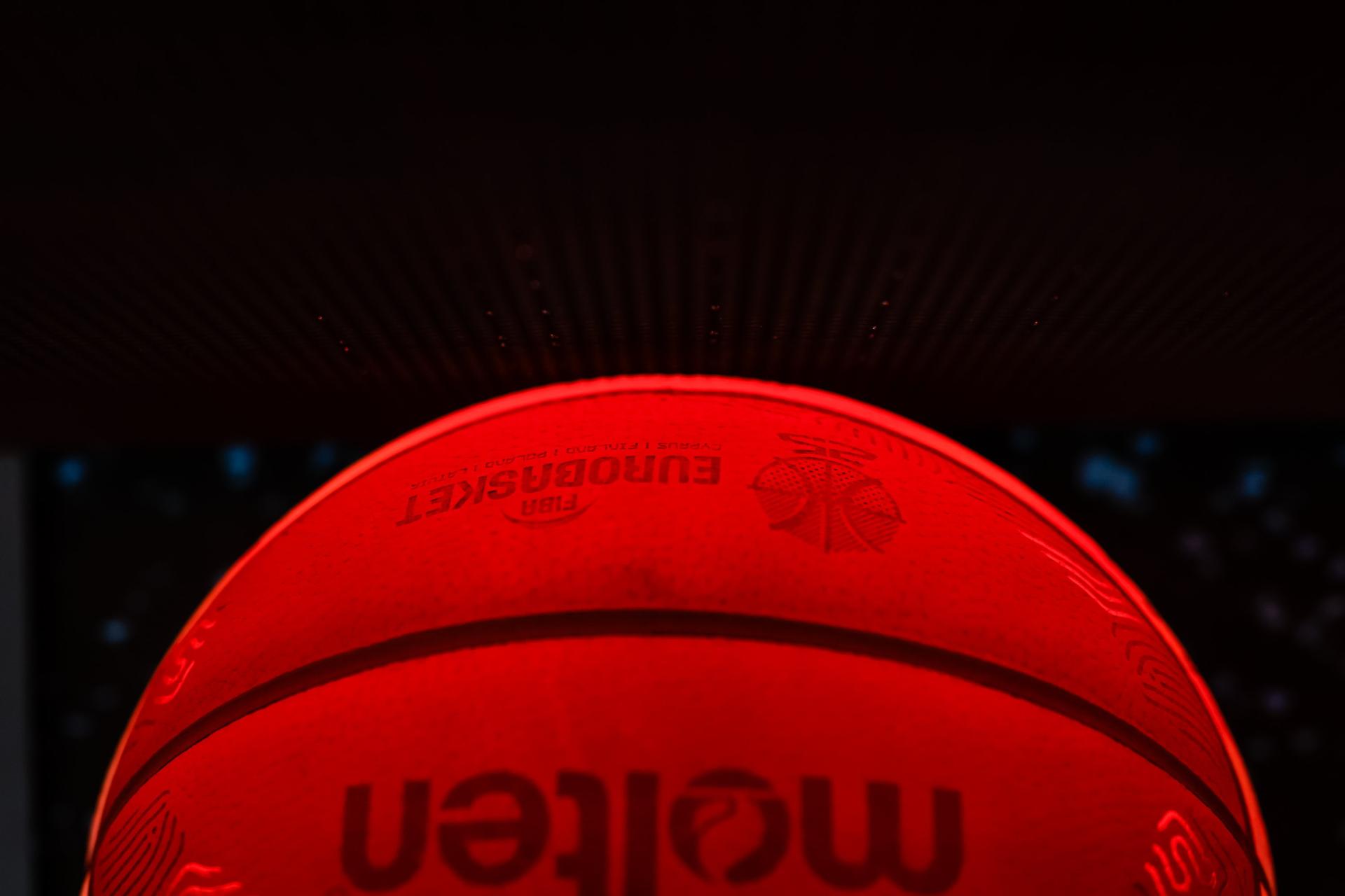 Illustration shows a basketball ball with the logo of FIBA Euro Basket, Thursday 21 August 2025 Euro is held in Cyprus, Finland, Poland and Latvia from August 27th to September 14th 2025. BELGA PHOTO WOJCIECH FIGURSKI - POLAND OUT -