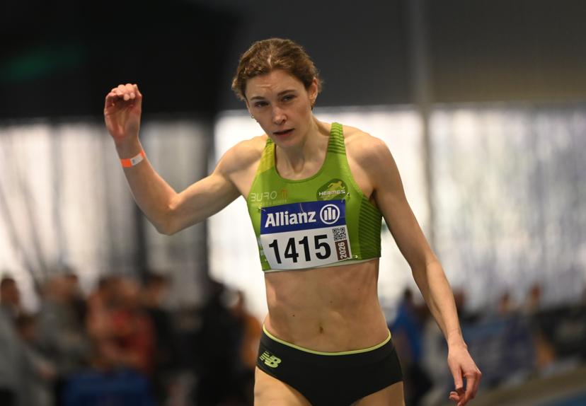 Belgian Helena Ponette finishes and qualify for the worlds with her time in  the 400m race at the Belgian indoor athletics championships, on Sunday 01 March 2026 in Louvain-la-Neuve. BELGA PHOTO ELIAS ROM