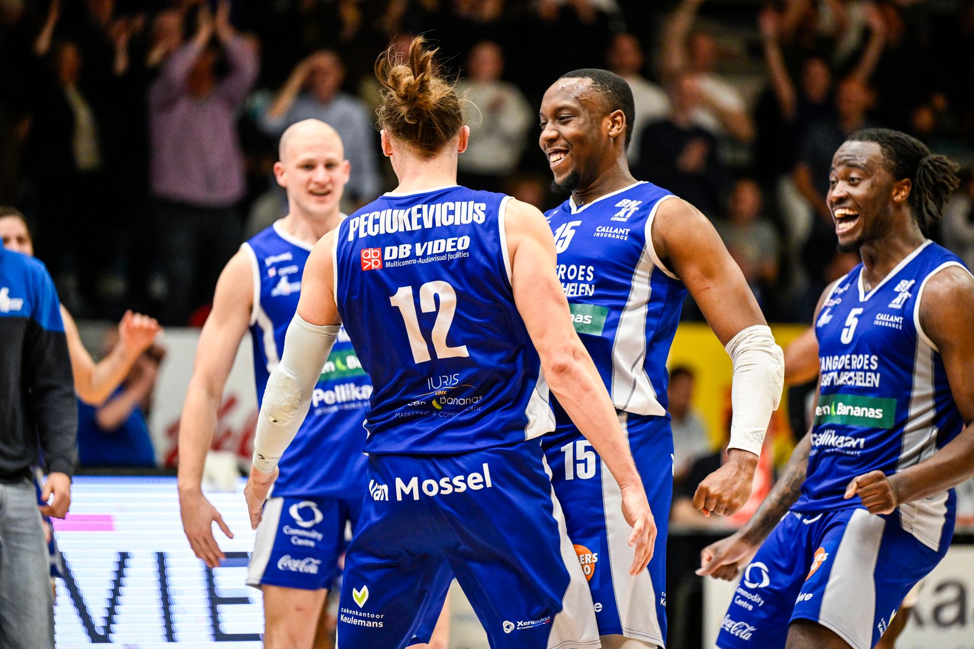Mechelen's Augustas Peciuvekius celebrates after scoring the final shot during a basketball match between Kangoeroes Mechelen and House of Talents Spurs Kortrijk, Wednesday 02 April 2025 in Mechelen, on day 30 of the 'BNXT League' Belgian/ Dutch first division basket championship. BELGA PHOTO TOM GOYVAERTS