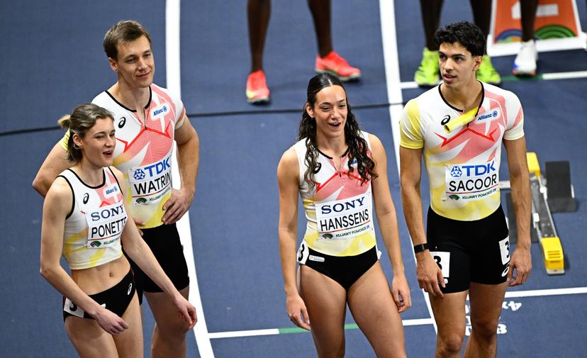 Belgian Helena Ponette, Belgian Julien Watrin, Belgian athlete Ilana Hanssens, Belgian Jonathan Sacoor,pictured before the 4x400m mixed relay, at and  the second day of the World Athletics Indoor Championship in Torun, Poland on Saturday 21 March 2026. The championships take place from 20 to 22 March. BELGA PHOTO JASPER JACOBS