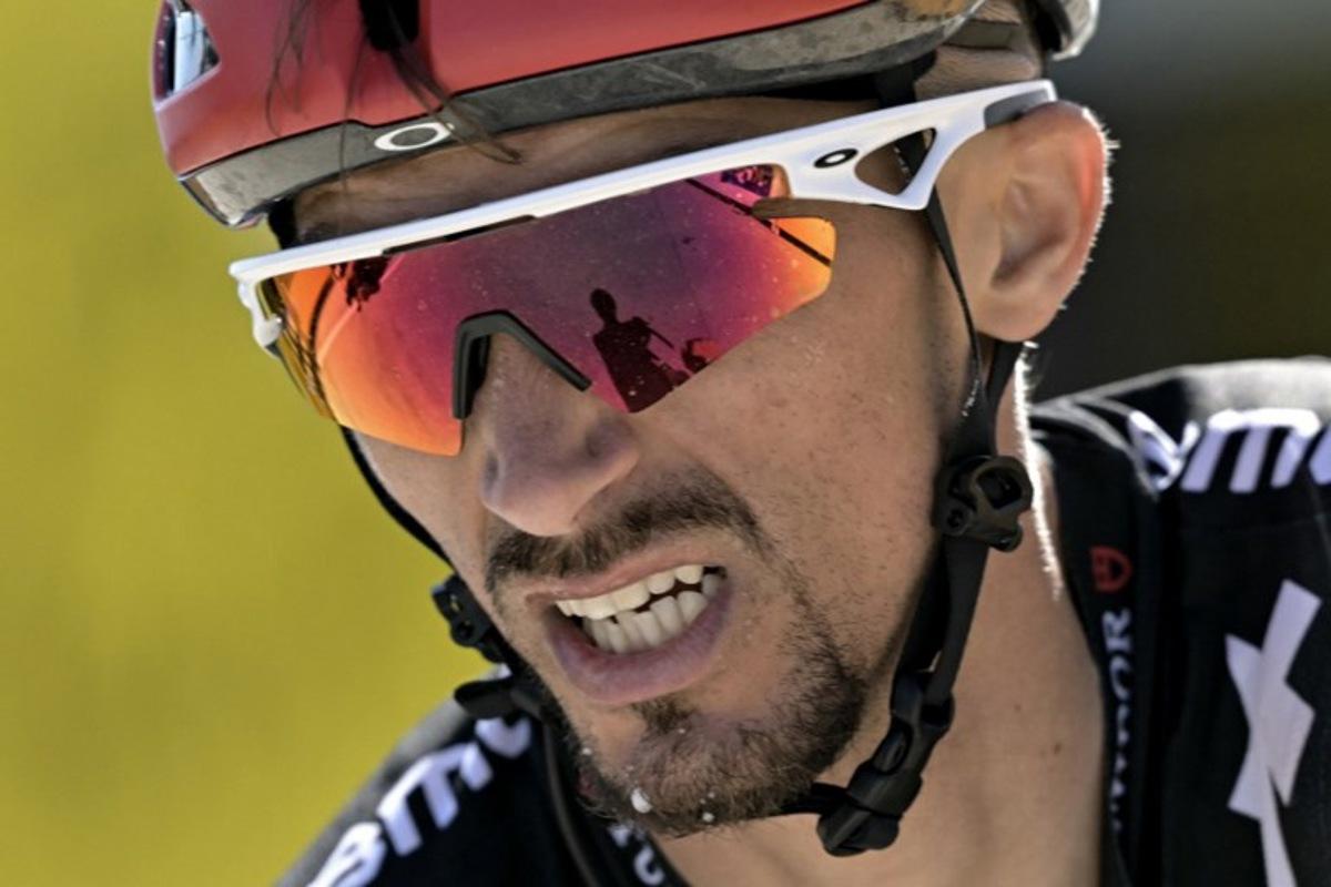 Tudor Pro Cycling Team's French rider Julian Alaphilippe cycles to the finish line of the 16th stage of the 112th edition of the Tour de France cycling race, 171.5 km between Montpellier and Mont Ventoux, southern France, on July 22, 2025.  Loic VENANCE / AFP