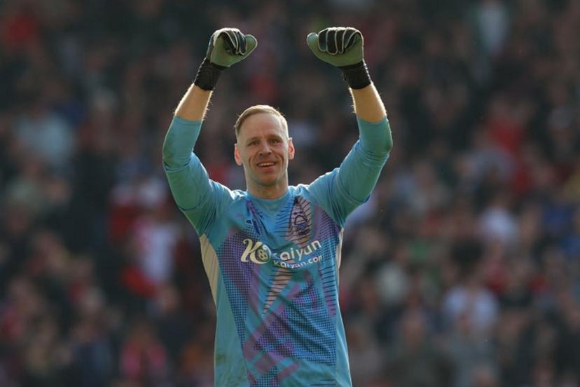 Nottingham Forest's Belgian goalkeeper #26 Matz Sels celebrates after the English Premier League football match between Nottingham Forest and Manchester City at The City Ground in Nottingham, central England, on March 8, 2025. Forest won the game 1-0. Darren Staples / AFP