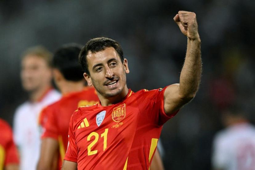 Spain's forward #21 Mikel Oiarzabal celebrates after scoring the first goal of the match during the FIFA World Cup 2026 Group E European qualification football matches between Bulgaria and Spain, at the Vassil Levski stadium in Sofia on September 4, 2025.  Nikolay DOYCHINOV / AFP