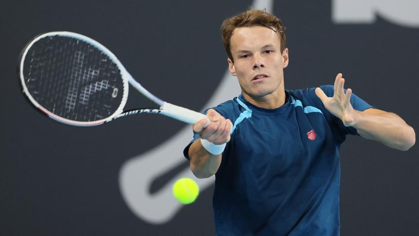 Belgian Michael Geerts pictured in action during a tennis match against Canadian Diez, a qualification for the men's singles at the BW Open ATP Challenger 125 tournament, in Louvain-la-Neuve,  Monday 22 January 2024. THE BW Open takes place from 22 to 28 January.  BELGA PHOTO BENOIT DOPPAGNE