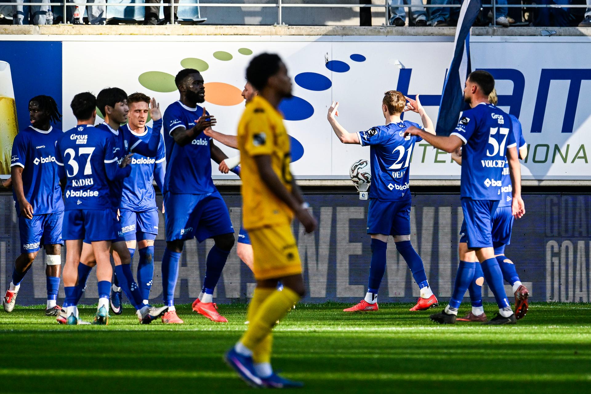 Gent's Max Dean celebrates after scoring during a soccer match between KAA Gent and KV Mechelen, Monday 06 April 2026 in Gent, on the first day of the Champion's Play-offs (PO1) of the 2025-2026 'Jupiler Pro League' first division of the Belgian championship. BELGA PHOTO TOM GOYVAERTS