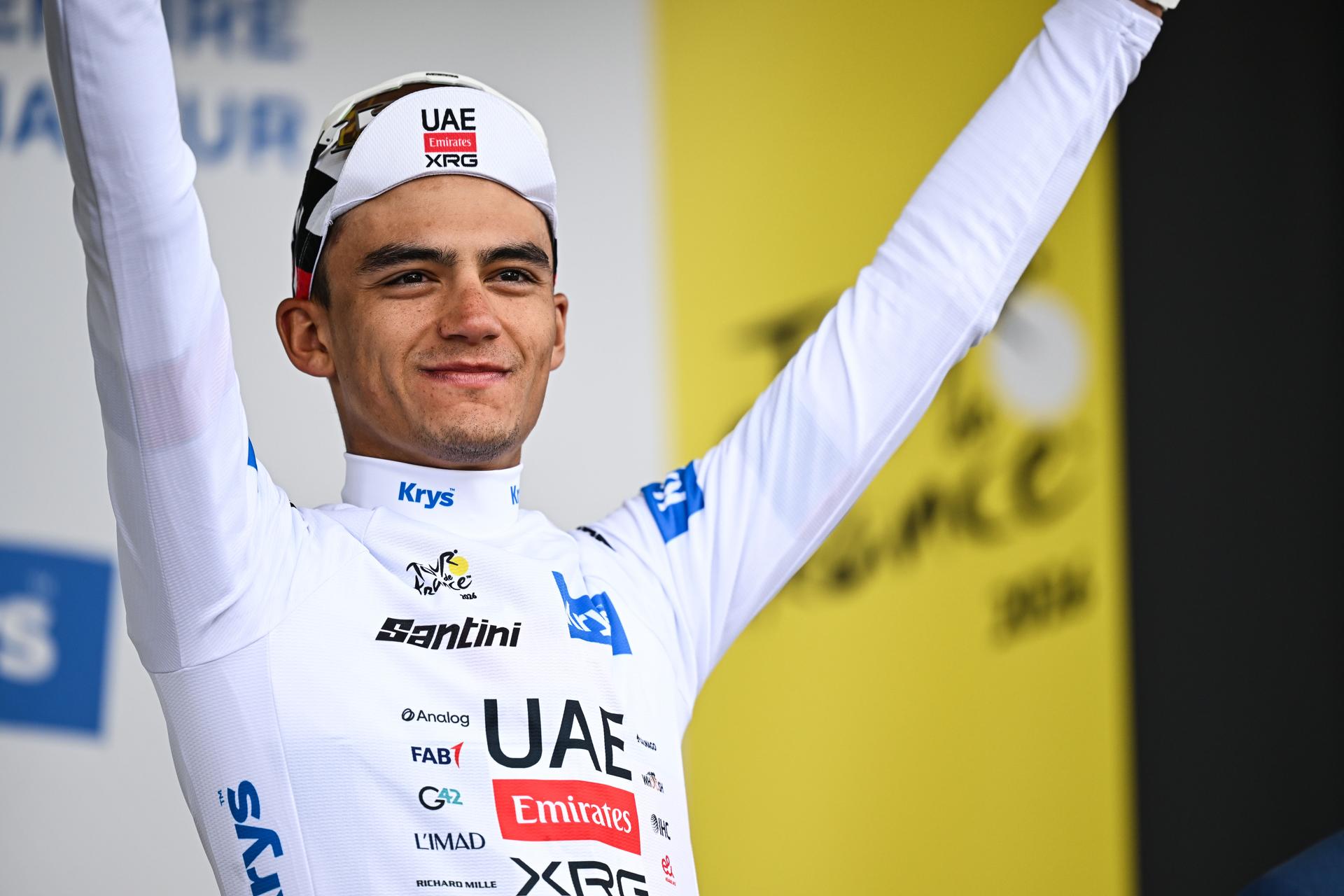 Mexican Isaac Del Toro of UAE Team Emirates XRG celebrates on the podium in the white jersey for best young rider after stage 20 of the 2026 Tour de France cycling race, a stage of 171km Le Bourg d'Oisans to Alpe d'Huez, on Saturday 25 July 2026. The 113th edition of the Tour de France starts on Saturday 4 July in Barcelona, Spain, and will finish in Paris, France on the 26th of July. BELGA PHOTO DAVID PINTENS