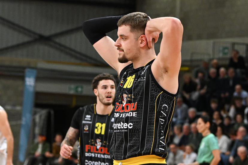 Oostende's Haris Bratanovic looks dejected during a basketball match between Limburg United and BC Oostende, Friday 13 February 2026 in Hasselt, on day 19 of the 'BNXT League' Belgian/ Dutch first division basket championship. BELGA PHOTO JILL DELSAUX