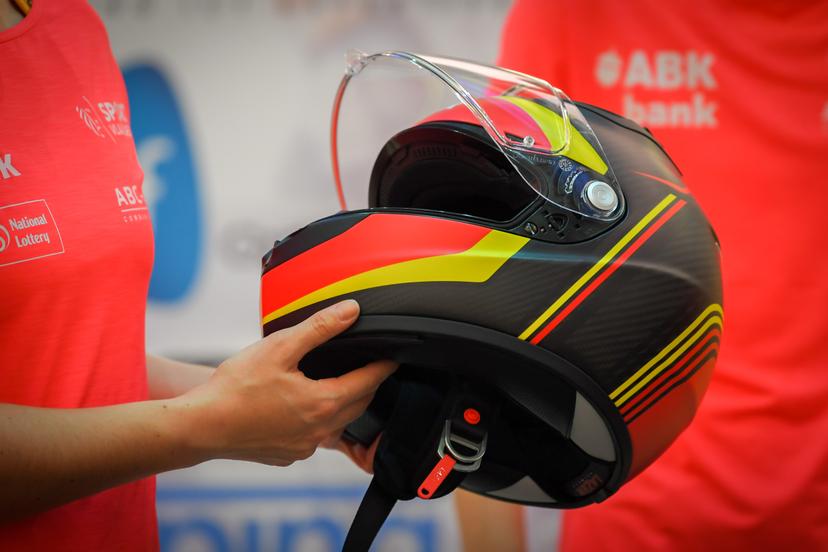 Illustration picture shows a helmet during a press conference of the Belgian bobsleigh team to present the sled in which they will compete at the upcoming Winter Olympic Games, Thursday 25 January 2018 in Antwerp. BELGA PHOTO LUC CLAESSEN