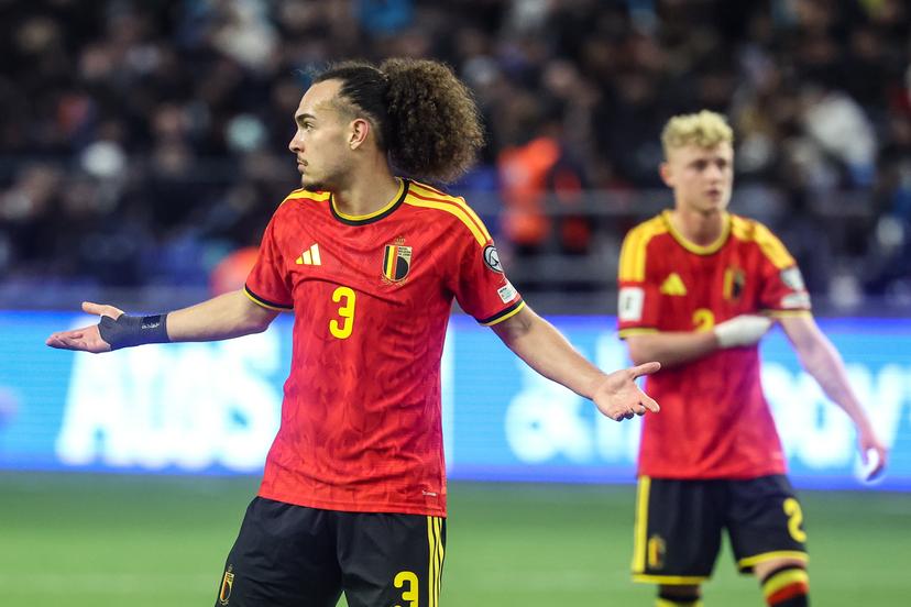 Belgium's Arthur Theate reacts during a soccer game between Kazakhstan and Belgium's Red Devils, Saturday 15 November 2025 in Astana, Kazakhstan, qualification game 7/8 for the 2026 FIFA World Cup. BELGA PHOTO VIRGINIE LEFOUR
