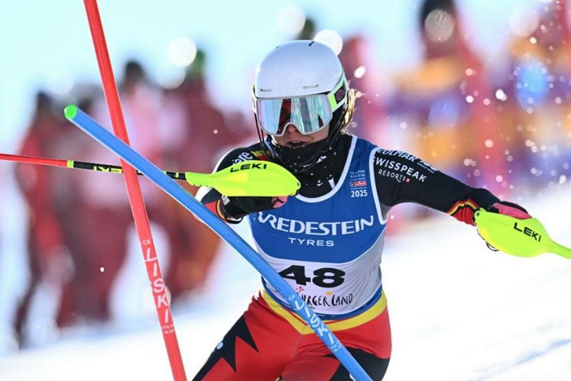Belgium's Kim Vanreusel competes in the first run of the Women's Slalom event of the Saalbach 2025 FIS Alpine World Ski Championships in Hinterglemm on February 15, 2025.  Fabrice COFFRINI / AFP