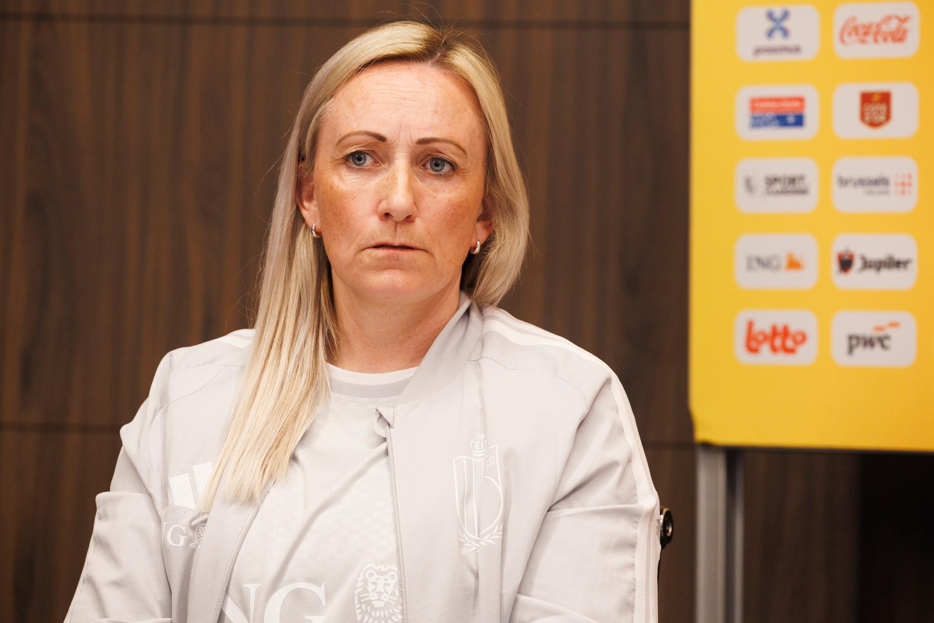 Belgium's head coach Elisabet Gunnarsdottir pictured during a press conference of Belgium's national women's soccer team the Red Flames, on Friday 10 April 2026 in Tubize. The team is preparing for a game against Scotland next week, in the qualifiers for the 2027 FIFA Women's World Cup. BELGA PHOTO NICOLAS MAETERLINCK