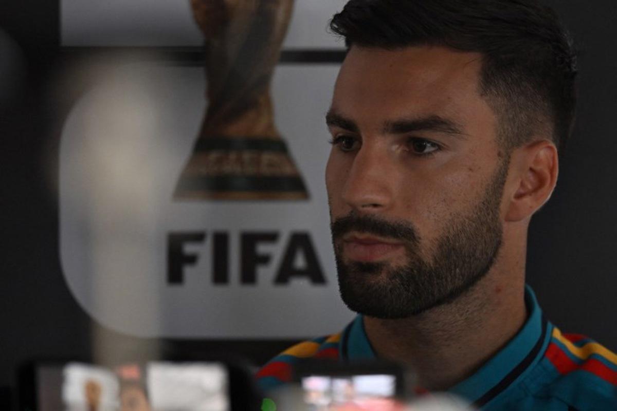 Spain's midfielder #15 Alex Baena gives an MD-1 press conference at the Dallas Stadium in Arlington on July 13, 2026, on the eve of the 2026 World Cup football tournament semi-final match between France and Spain.  Paul ELLIS / AFP