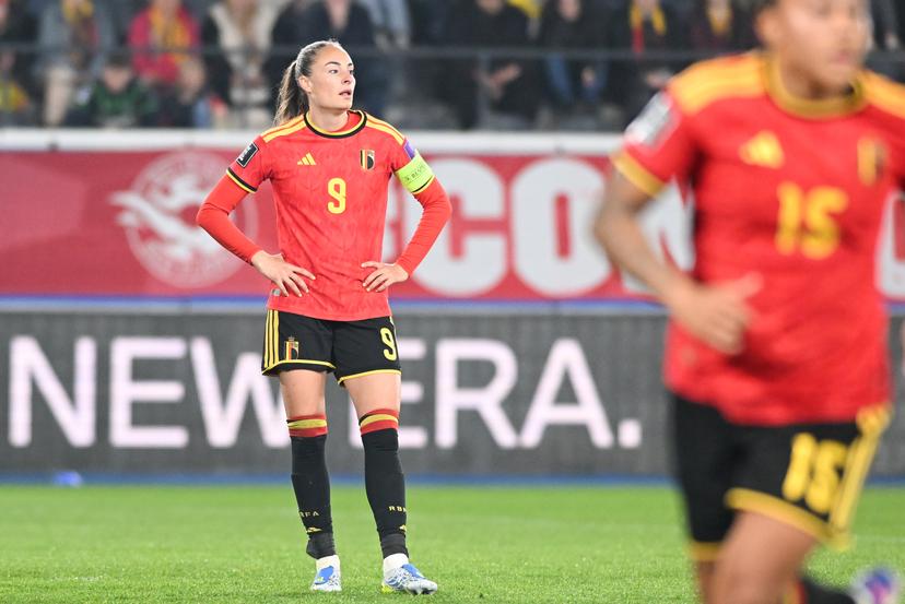Belgium's Tessa Wullaert looks dejected during a soccer game between Belgium's national women's team the Red Flames and Scotland, on Saturday 18 April 2026 in Leuven, in the fourth of six games of the qualifiers for the 2027 FIFA Women's World Cup. BELGA PHOTO JILL DELSAUX