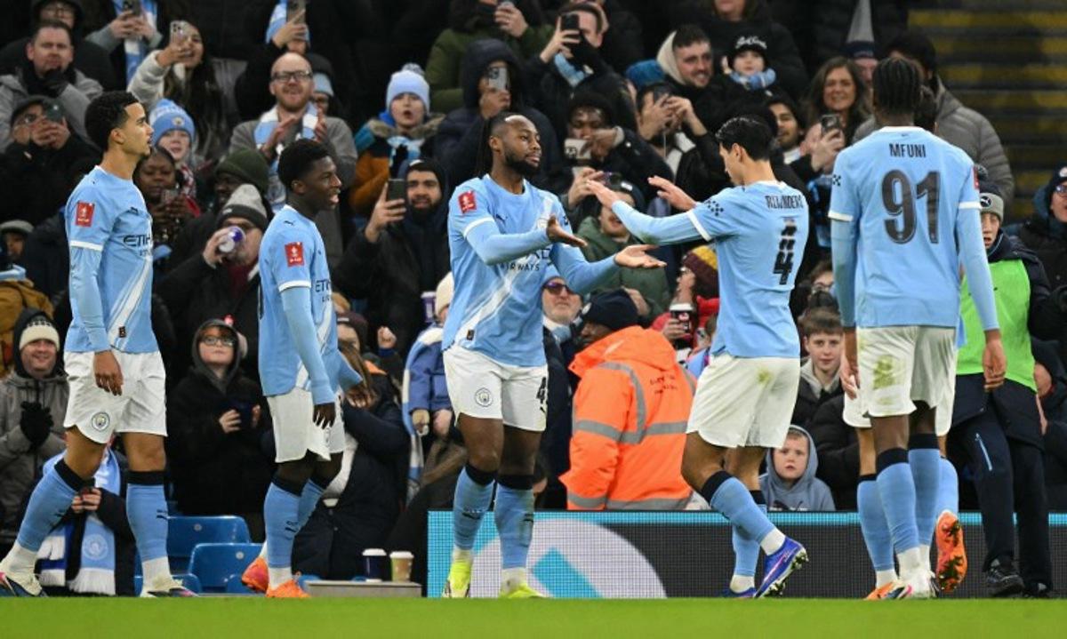 Manchester City's Ghanaian midfielder #42 Antoine Semenyo (C) celebrates scoring the team's sixth goal during the English FA Cup third round football match between Manchester City and Exeter City at the Etihad Stadium in Manchester, north west England, on January 10, 2026.  Oli SCARFF / AFP