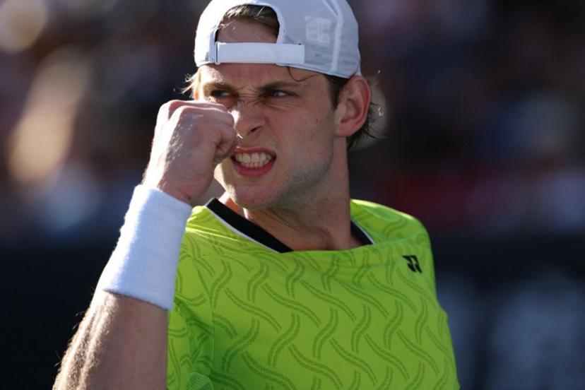 Belgium's Zizou Bergs reacts after a point against Poland's Hubert Hurkacz during their men's singles match on day three of the Australian Open tennis tournament in Melbourne on January 20, 2026.  IZHAR KHAN / AFP