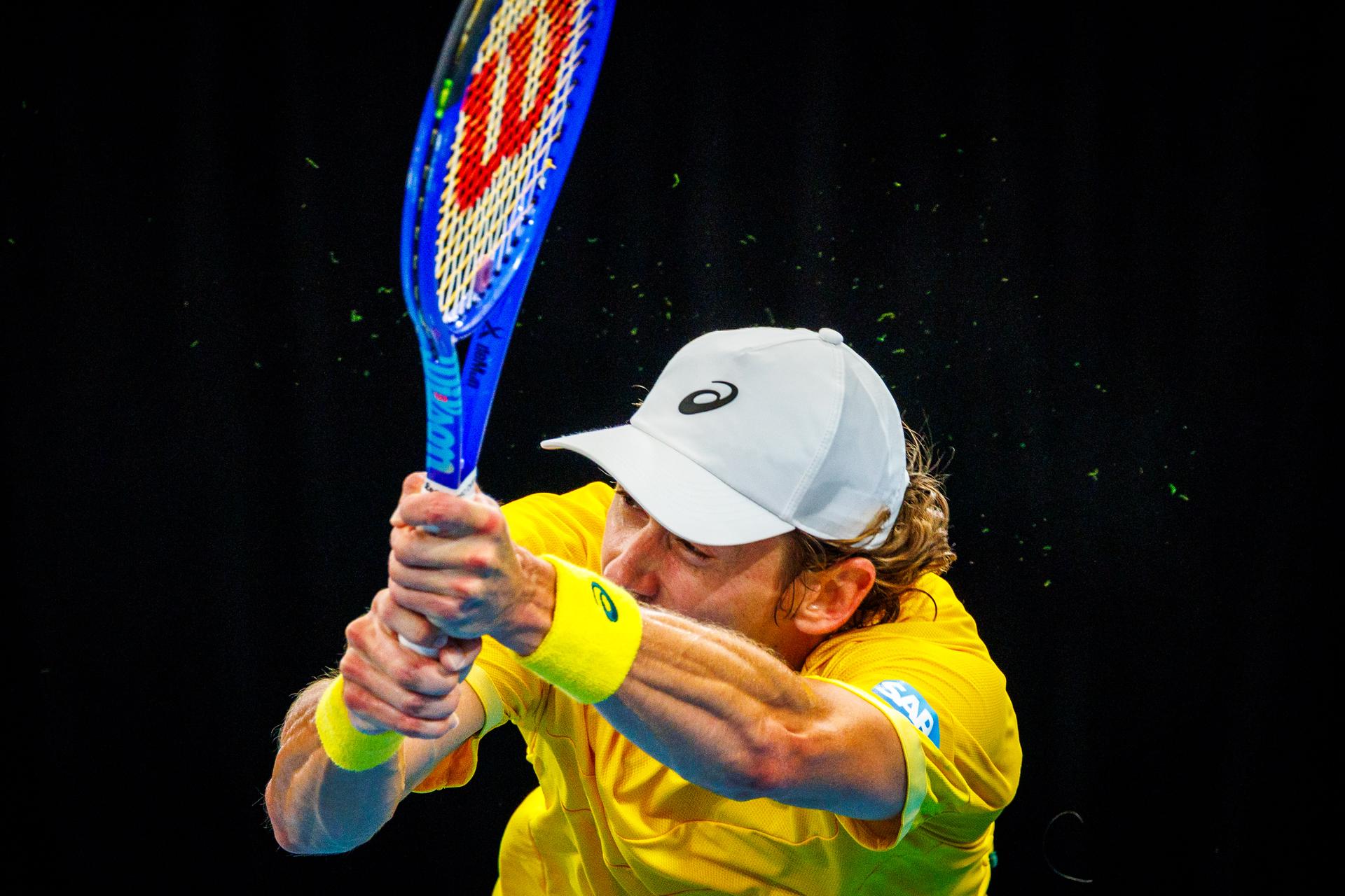 Australian Alex De Minaur pictured in action duringa a tennis match between Belgian Collignon and Australian De Minaur, during the qualifier of the Davis Cup, Saturday 13 September 2025, in Sydney, Australia. Belgium and Australia will compete this weekend in the second round of the Davis Cup qualifiers. BELGA PHOTO PATRICK HAMILTON