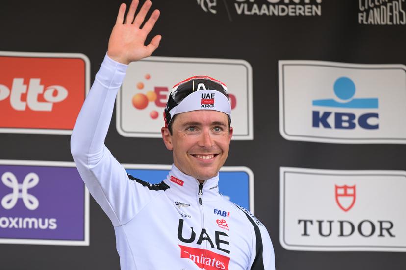 French Benoit Cosnefroy of UAE Team Emirates-XRG pictured on the podium after the men's 'Brabantse Pijl' one day cycling race, 162,6km from Huizingen, Beersel to Overijse on Friday 17 April 2026. BELGA PHOTO DAVID PINTENS