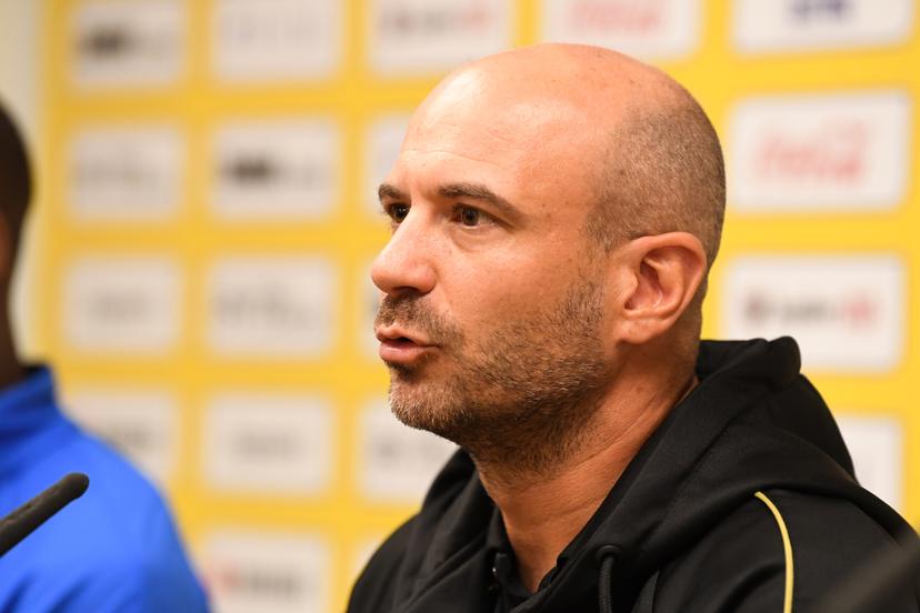 STVV's head coach Frederic De Meyer pictured during a press conference of Belgian soccer team Sint-Truidense V.V., Wednesday 19 August 2026 in Sint-Truiden, in preparations of the first leg of the play-off round for the UEFA Europa League league phase, against Cypriot team AC Omonoia Nicosia. BELGA PHOTO JILL DELSAUX