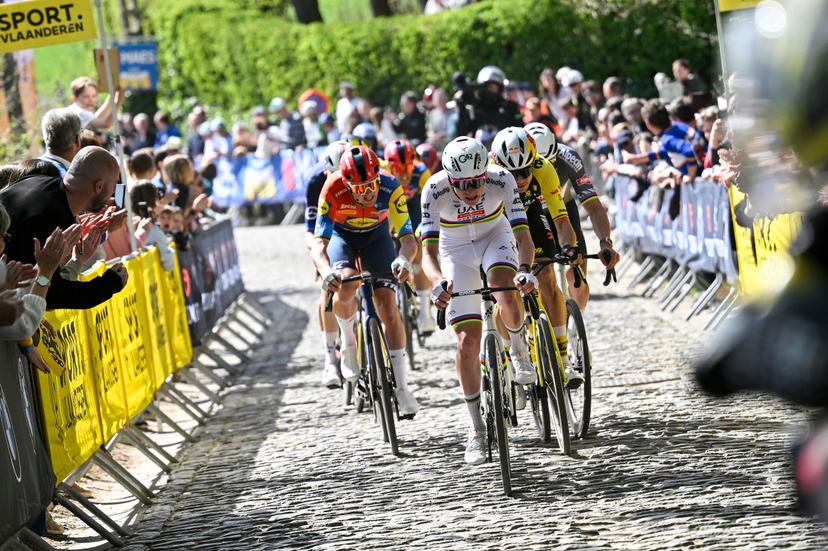 Slovenian Tadej Pogacar of UAE Team Emirates pictured in action on Taaienberg during the men's race of the 'Ronde van Vlaanderen/ Tour des Flandres/ Tour of Flanders' one day cycling race, 268,9km from Brugge to Oudenaarde, Sunday 06 April 2025. BELGA PHOTO POOL JAN DE MEULENEIR
