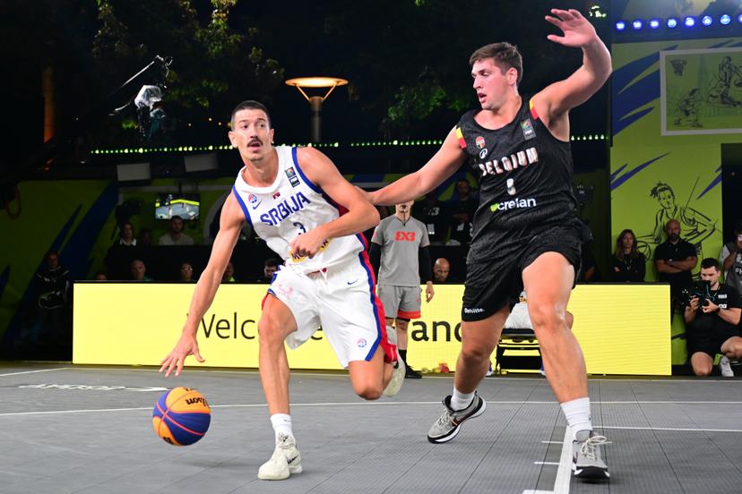 Serbia's Strahinja Stojacic and Belgium's Jonas Foerts pictured in action during a 3x3 basketball game between Belgium and Serbia, a qualifying game in Pool A at the men's FIBA 3x3 Europe Cup, on Saturday 12 September 2026 in Antwerp. BELGA PHOTO DIRK WAEM