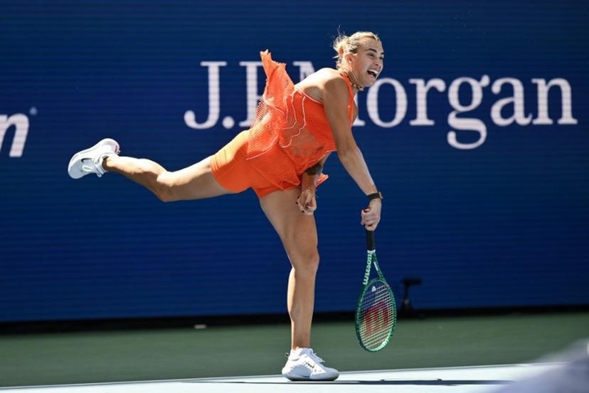 Belarus's Aryna Sabalenka serves to Uzbekistan's Kamilla Rakhimova during their women's singles third round tennis match on day six of the US Open tennis tournament at the USTA Billie Jean King National Tennis Center in New York City on September 4, 2026.  ANGELA WEISS / AFP