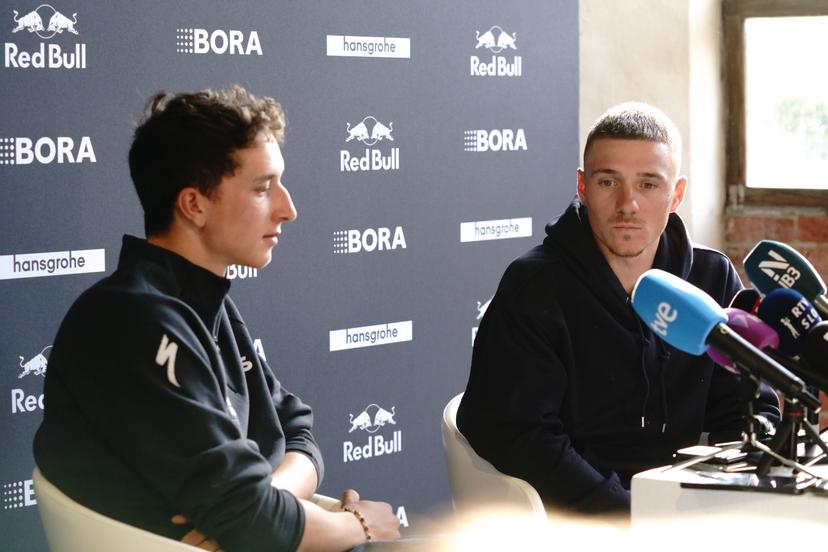 German Florian Lipowitz and Belgian Remco Evenepoel pictured during the media day of the Red Bull-BORA-hansgrohe cycling team in Binissalem, Mallorca, Spain, Wednesday 10 December 2025. BELGA PHOTO JOMA GARCIA I GISBERT