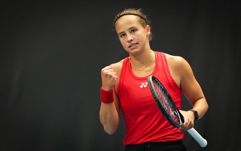 Belgian Hanne Vandewinkel celebrates during a tennis match against Greek Grammatikopoulou, in the qualifiers of the Billie Jean King Cup tennis, in Vilnius, Lithuania on Tuesday 08 April 2025. PHOTO VIRGINIE LEFOUR