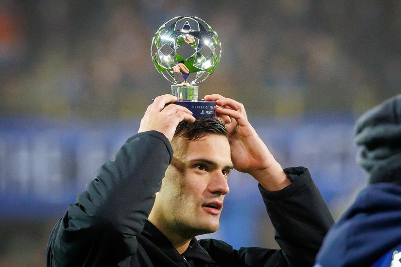 Club's Aleksandar Stankovic celebrates after winning a soccer game between Belgian Club Brugge and French Olympique de Marseille, Wednesday 28 January 2026 in Brugge, on day eight of the League phase of the UEFA Champions League tournament. BELGA PHOTO KURT DESPLENTER